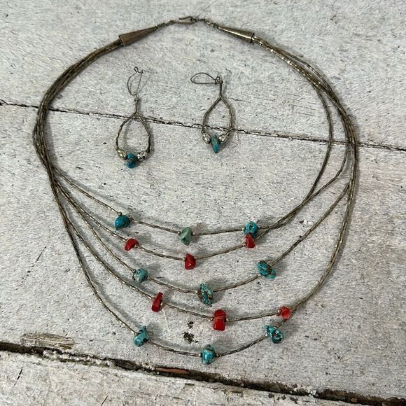 Vintage Sterling Layered Necklace With Turquoise Chunk Accents With Earrings - Picture 1 of 6